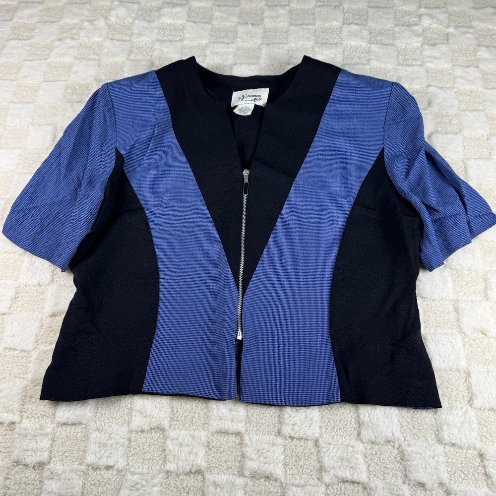 DJ Summers Vintage Colorblock Zip Front Short Sleeve Top Blue Black Size 12